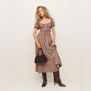Reformation Rhett dress Audrie check brown natural tan